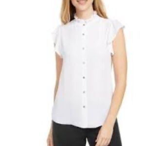 Calvin Klein Womens‎ VTG Ruffled Blouse Jewel Mock-Neck Sz P/S Solid-White